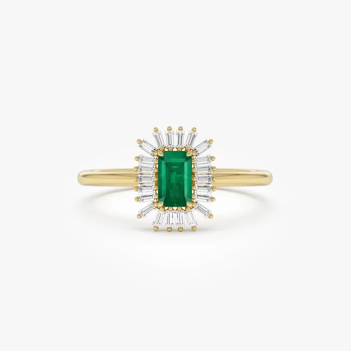 14k Emerald Cut Emerald Ring with Baguette Diamond Halo