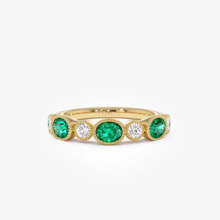 14k Emerald Diamond Milgrain Stacking Band