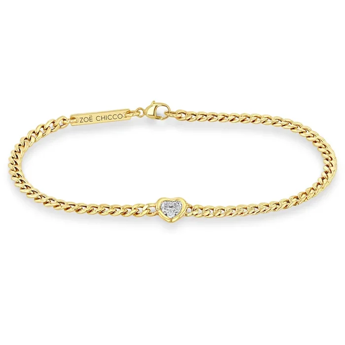 14k Floating Heart Shaped Diamond Small Curb Chain Bracelet