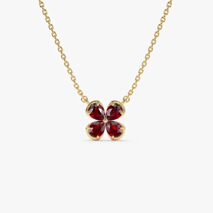 14K Four Leaf Garnet Clover Necklace