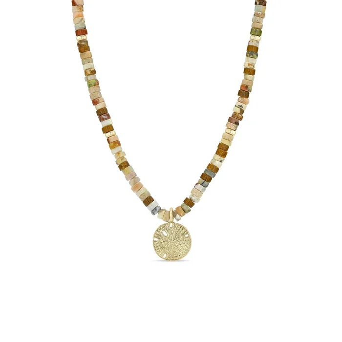 14k Gold & Sandy Feldspar Mixed Heishi Bead Sand Dollar Charm Necklace