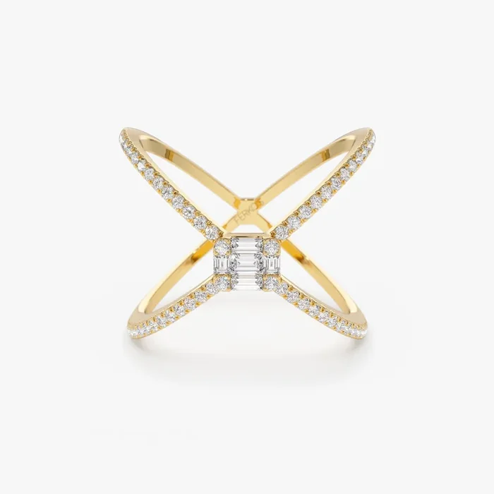 14k Gold Baguette and Round Diamond Illusion Setting Statement Ring