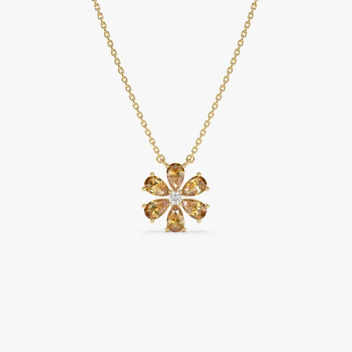 14K Gold Citrine Flower Necklace