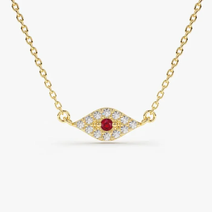14K Gold Diamond and Ruby Evil Eye Necklace