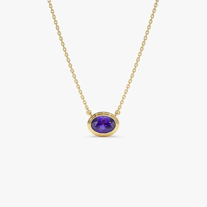 14K Gold Oval Shape Bezel Set Amethyst Necklace