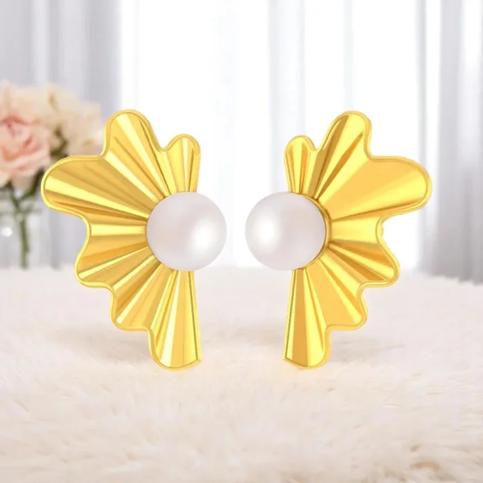 14K Gold Sunburst Radiant & Lightweight Pearl Stud Earrings for Women