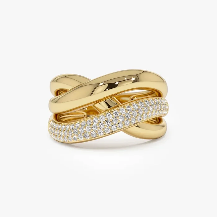 14k Gold Triple Band Crossover Diamond Statement Ring