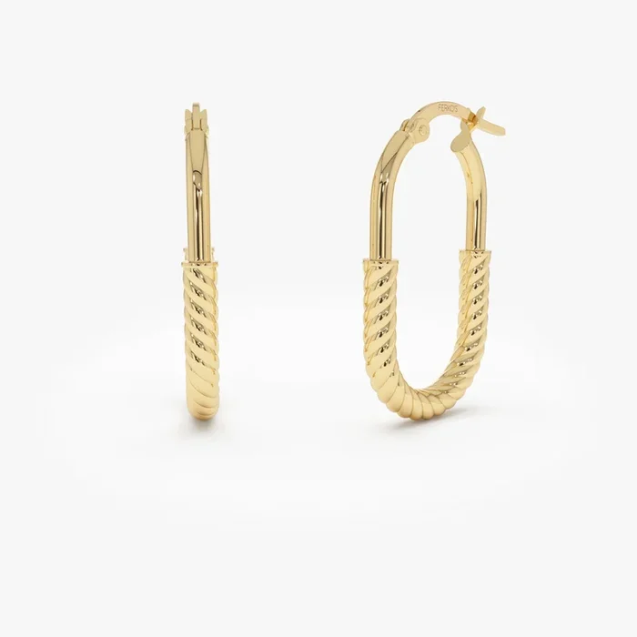14K Gold Twisted Rope Oval Hoop Earrings