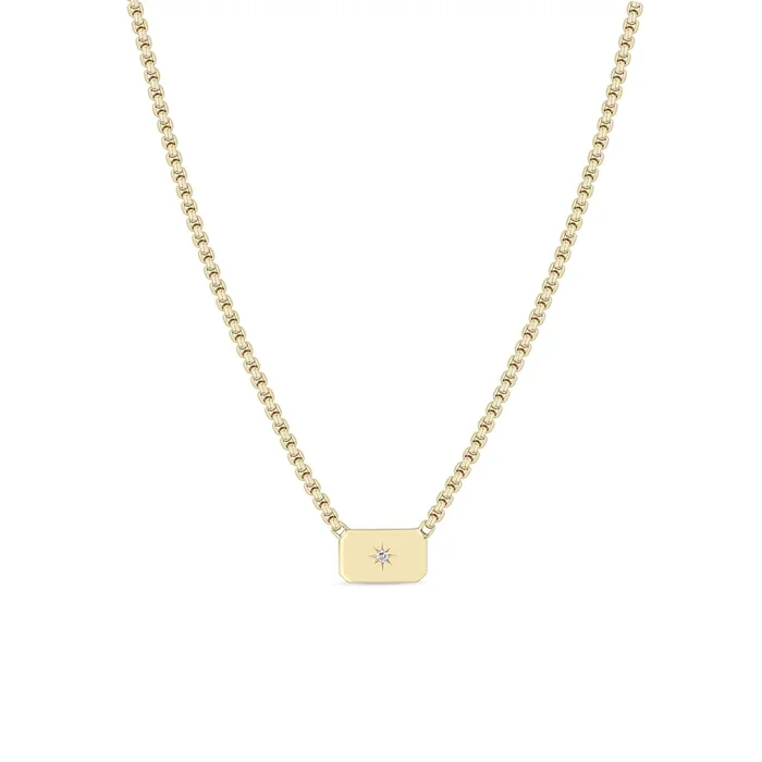 14k Horizontal Star Set Diamond Square Edge Dog Tag Necklace
