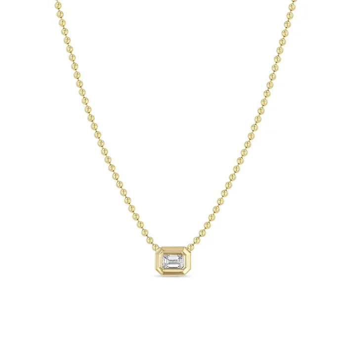 14k Large Emerald Cut Diamond Bezel Bead Chain Necklace