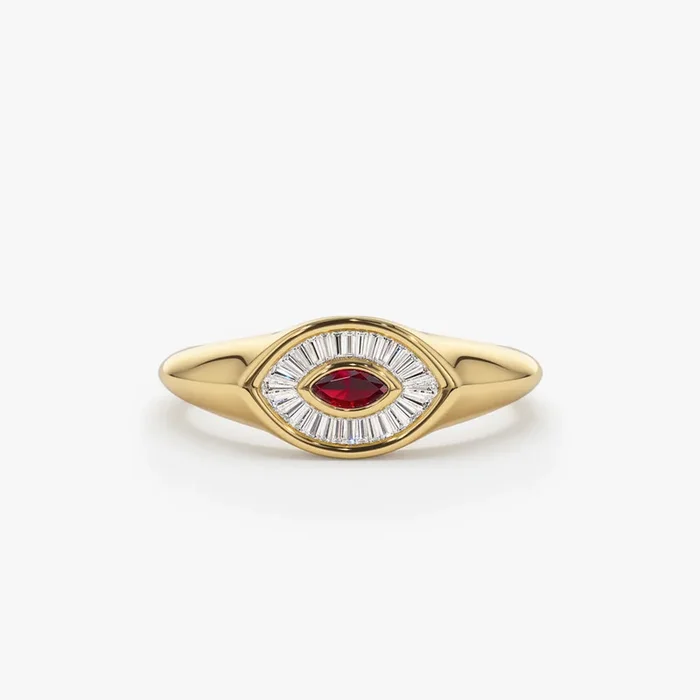 14k Marquise Shaped Ruby and Baguette Diamond Ring