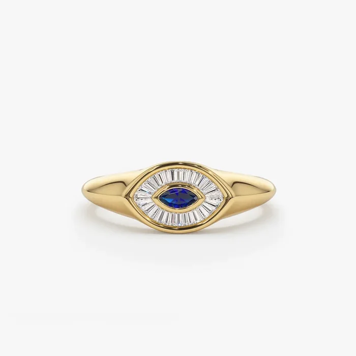 14k Marquise Shaped Sapphire and Baguette Diamond Ring