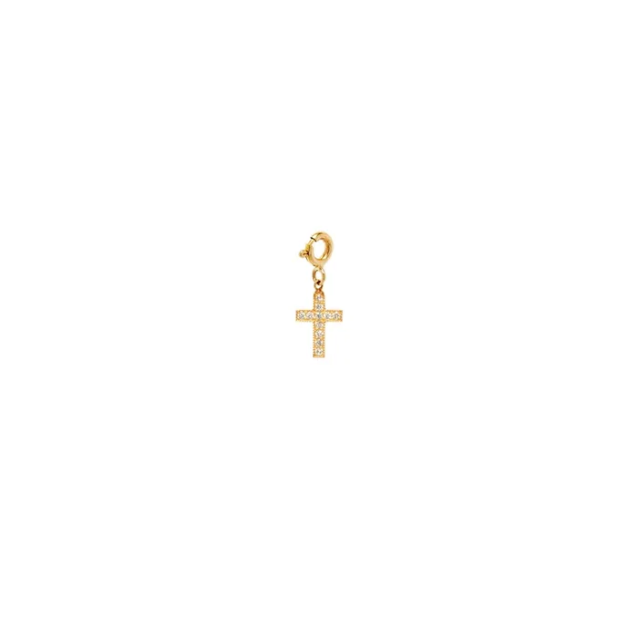 14k midi bitty pave diamond cross charm pendant with spring ring