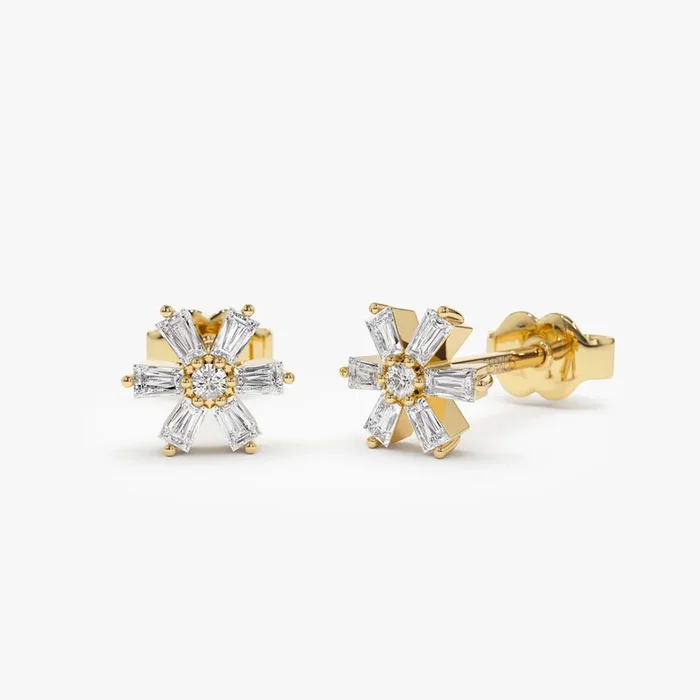 14k Mini Flower Baguette Diamond Earrings