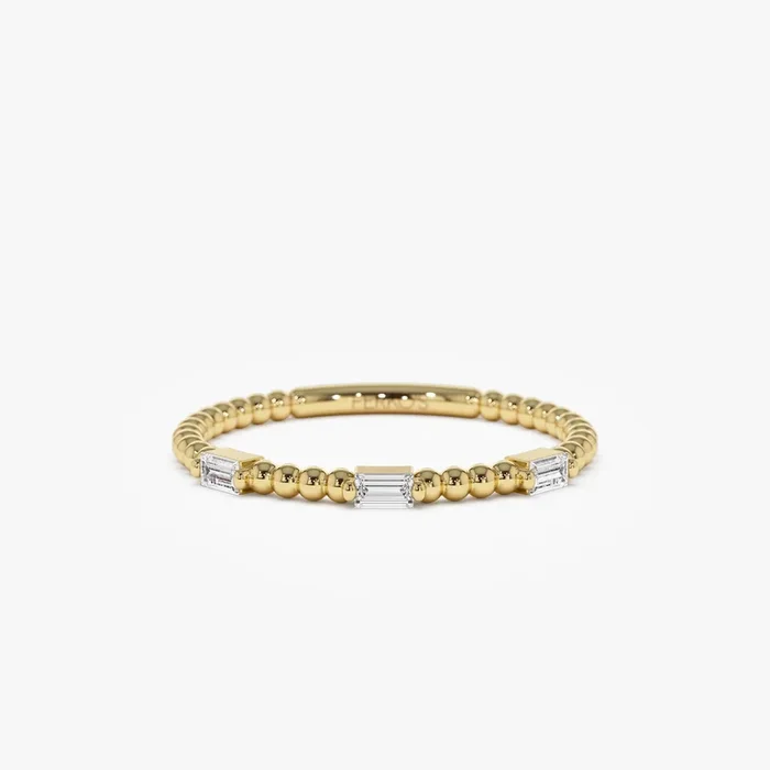 14K Minimalist Beaded Baguette Diamond Ring