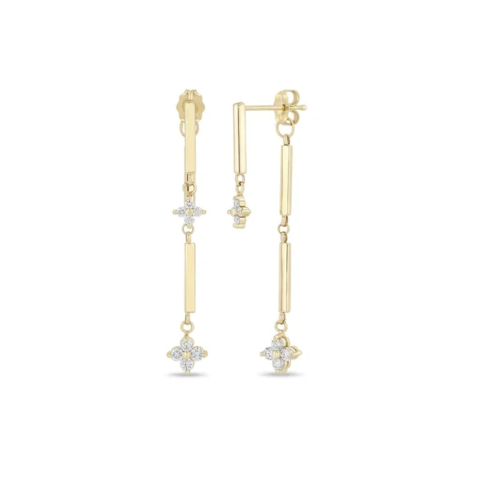 14k Mixed Prong Diamond Quad & Linked Bar Double Drop Earrings