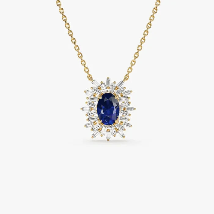 14k Oval Shape Sapphire Necklace with Ballerina Baguettes