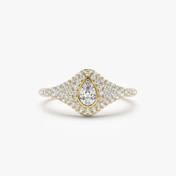 14K Pave Setting Pear Shaped Diamond Signet Ring