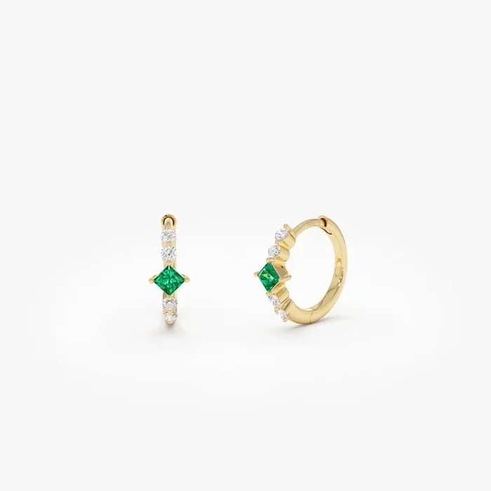 14k Princess Cut Emerald and Diamond Hoop Earrings
