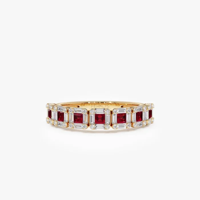 14k Princess Cut Ruby W/ Baguette and Round Diamond Ring