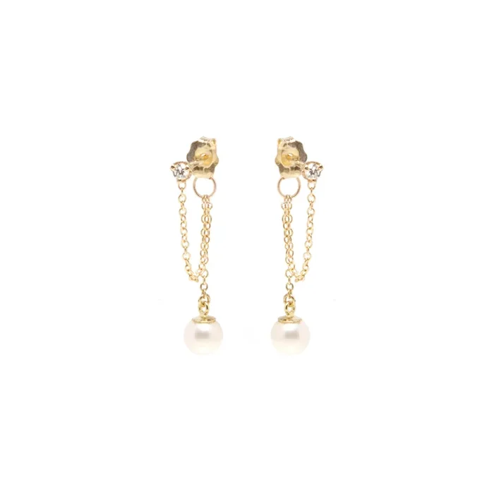14k Prong Diamond Chain Huggie Earrings with Pearl Drop
