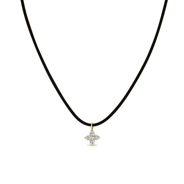 14k Prong Diamond Quad Pendant Leather Cord Necklace