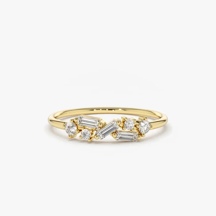 14K Scattered Baguette and Round Diamond Ring