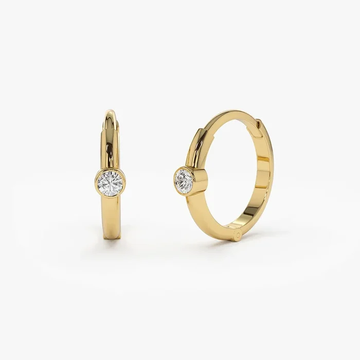 14K Single Bezel Set Diamond Hoops