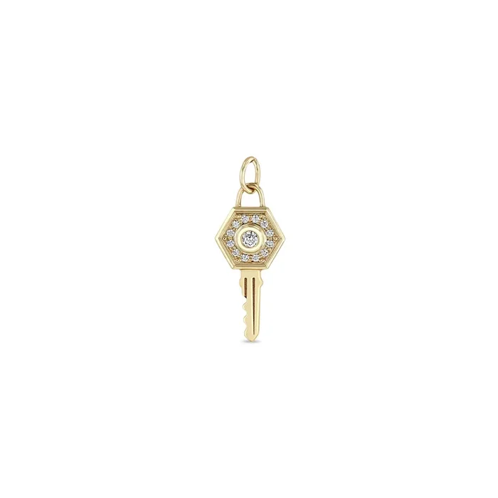 14k Single Diamond Hexagon Halo Key Charm Pendant