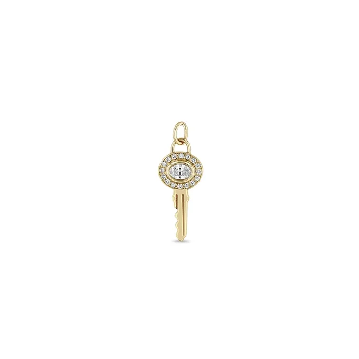 14k Single Oval Diamond Halo Key Charm Pendant