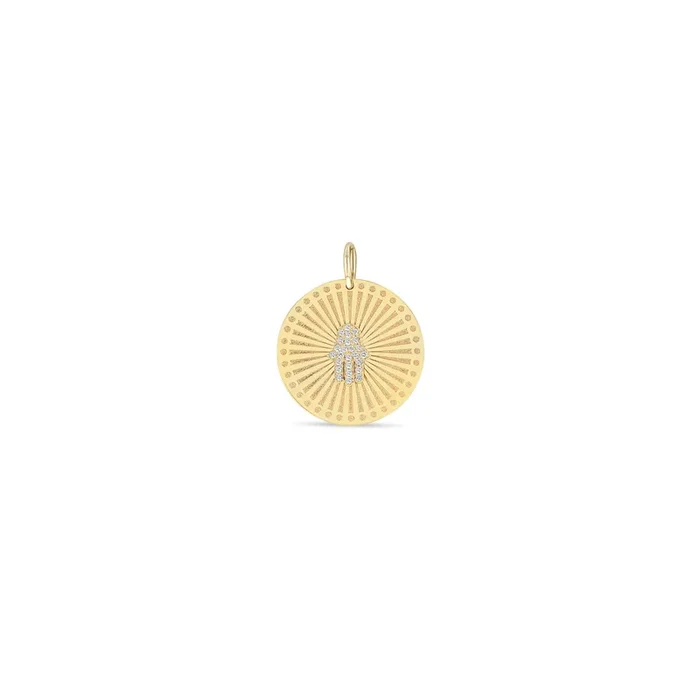 14k Single Pavé Diamond Hamsa Medium Sunbeam Medallion Charm