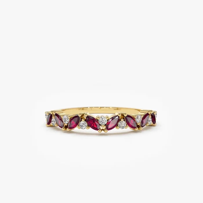 14k Slanted Ruby and Round Diamond Ring