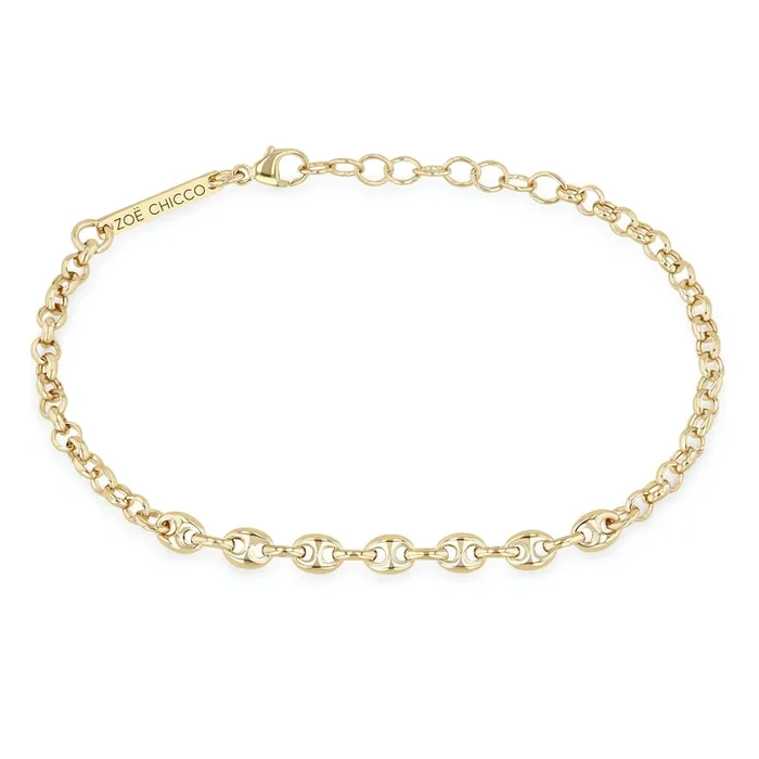 14k Small Mariner Station Medium Rolo Chain Bracelet