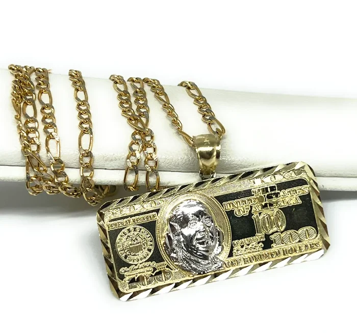 14k Solid Gold 2-Tone 100 Dollar Bill Pendant Necklace