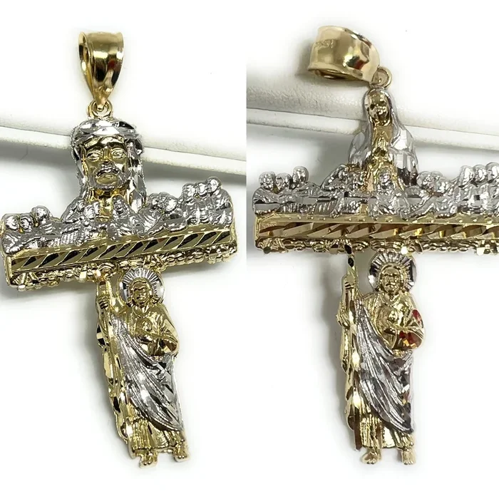 14k Solid Gold 2-Tone CROSS LAST SUPPER Pendant Necklace Virrgin Mary, Saan Judas