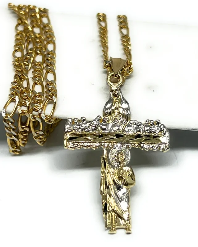 14k Solid Gold 2-Tone CROSS LAST SUPPER Pendant Necklace Virrgin Mary, Saan Judas (SM, MED, LG)