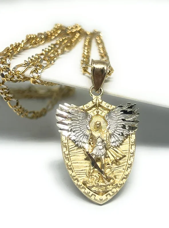 14k Solid Gold 2-Tone St. Michael Archangel 3D SHIELD Pendant Necklace (SM, MED, LG)