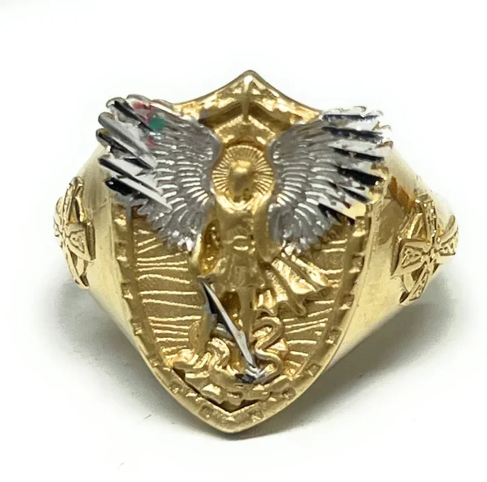 14k Solid Gold 2-Tone ST MICHAEL ARCHANGEL 3D SHIELD Ring (7g~)