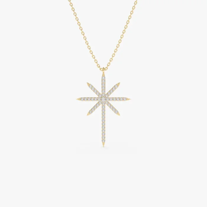 14k Solid Gold Celestial North Star Diamond Necklace