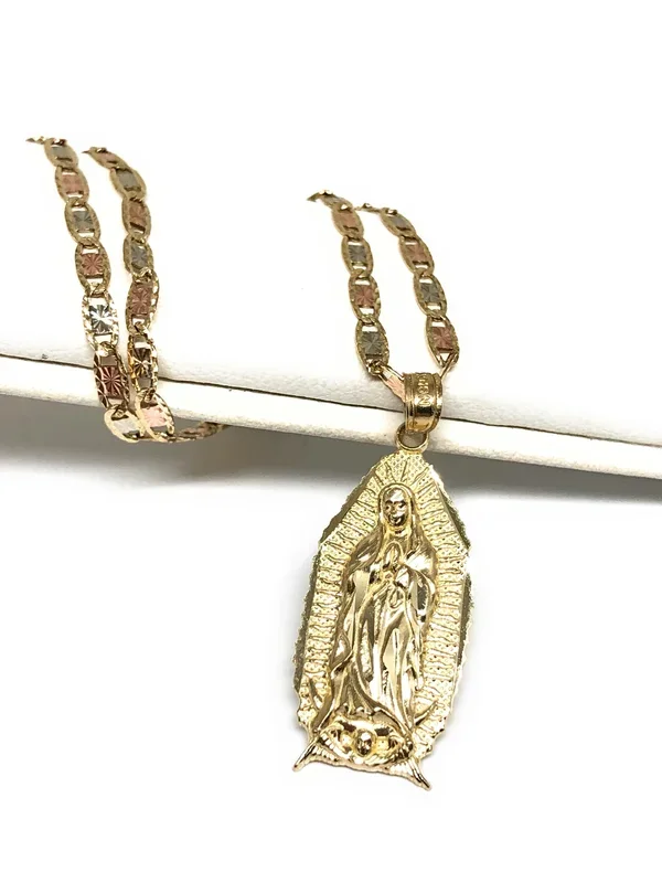 14k Solid Gold Classic Virrgin Mary Pendant Necklace Virrgen Gaudalupe Chain (MED, SM)