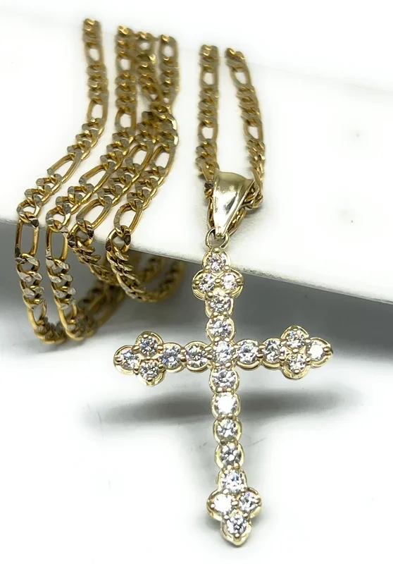 14k Solid Gold Clover Cross FULL CZ Pendant