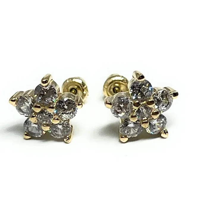 14k Solid Gold Cubic Zirconia Flower Stud Earrings (FCE 30)