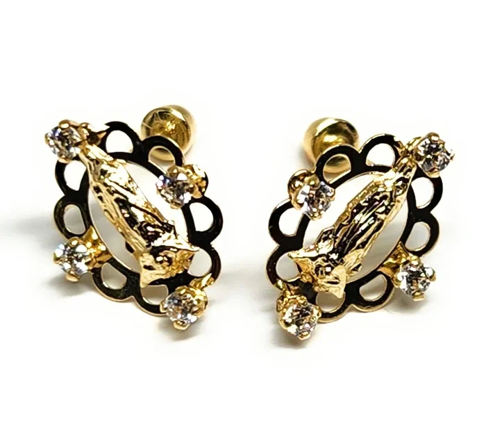 14k Solid Gold Cubic Zirconia SMALL DAINTY VIRRGIN MARY Stud Earrings (FCE 36) (MADE IN MX)
