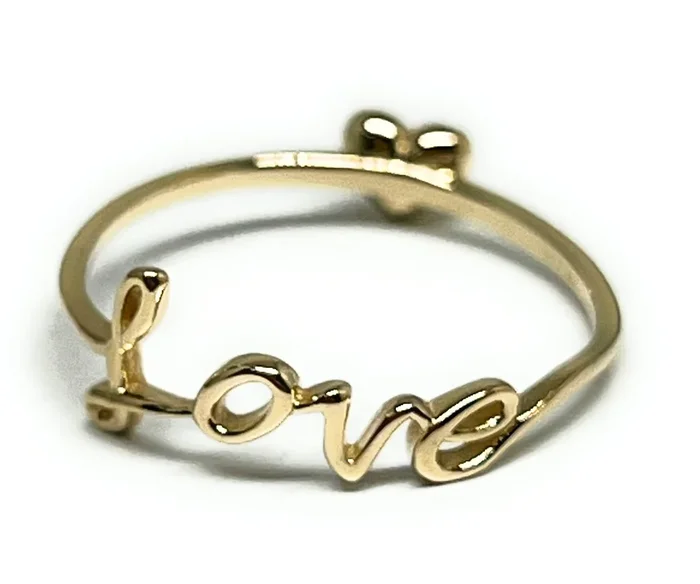 14k Solid Gold Cursive “LOVE” CZ Heart Ring (FC 295)