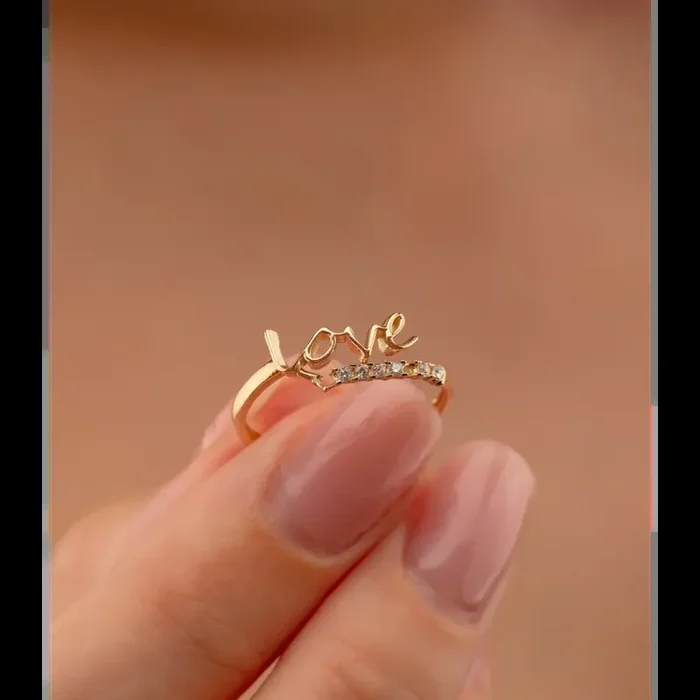 14K Solid Gold Dainty Love Script Ring