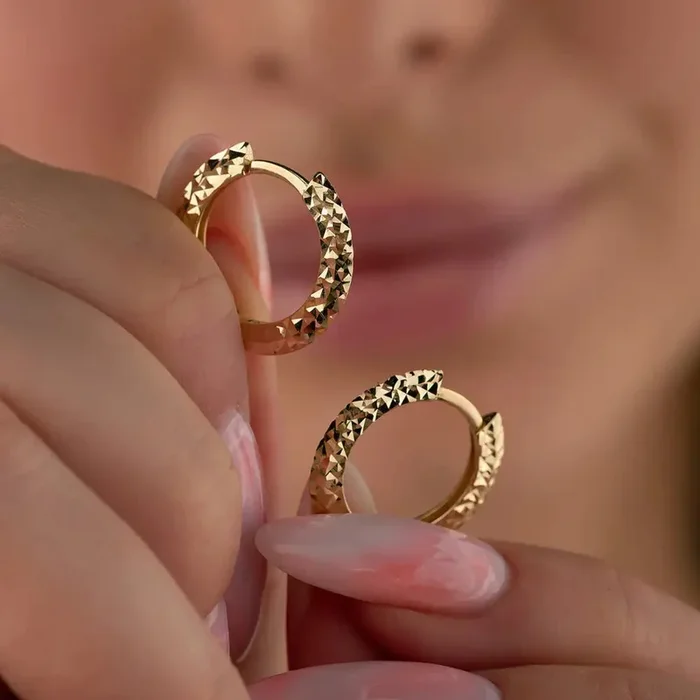 14K Solid Gold Diamond-Cut Huggie Hoop Earrings | Shiny Minimalist Hoops | Set of 2 Gift for Her