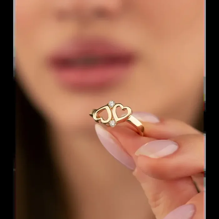 14K Solid Gold Double Heart CZ Ring