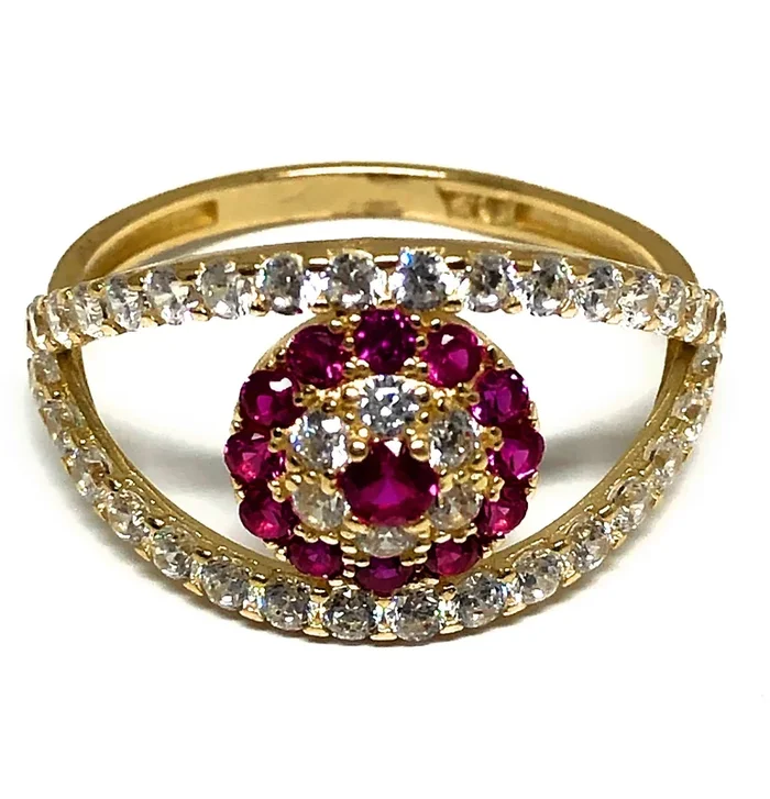 14k Solid Gold Evil Eye RED CZ Ring