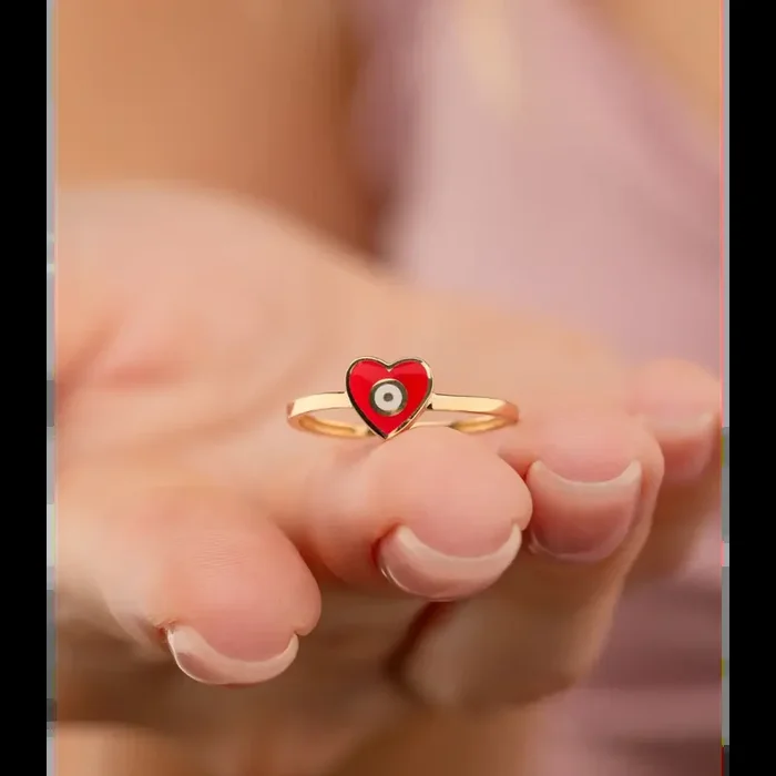 14K Solid Gold Heart Evil Eye Handmade Ring Red