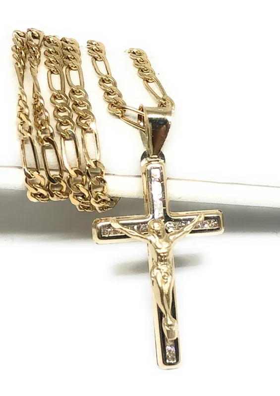 14k Solid Gold Jesus Cross SMALL Pendant Necklace CZ Crucifix Figaro Chain (SM, XS)
